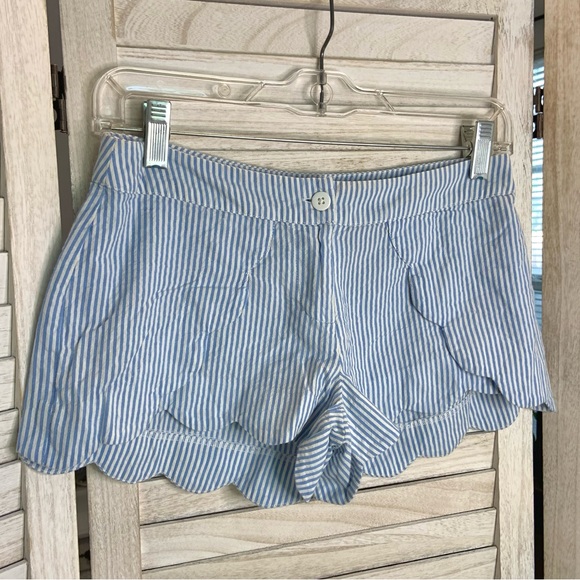 Red Camel Light Blue and White Candy Stripe Scalloped Hem Soft Dressy Shorts 1 - Picture 3 of 8